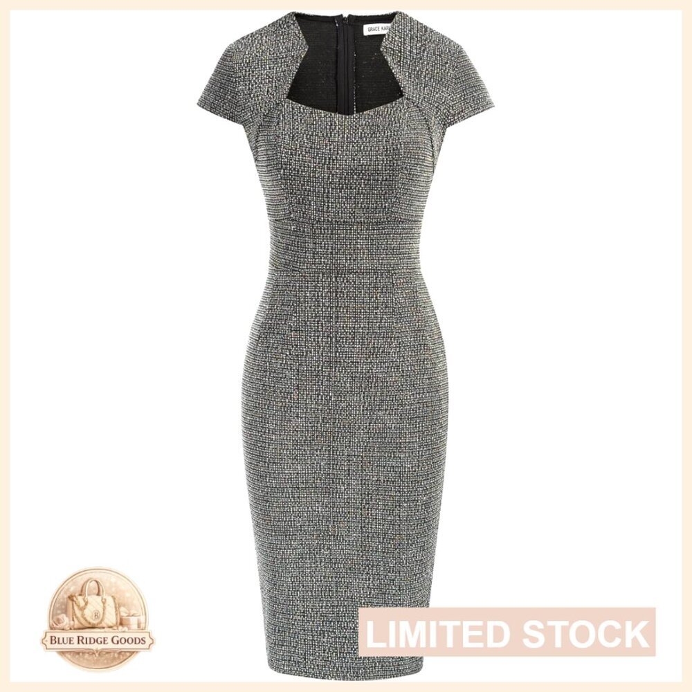 Tweed Pencil Dress Cap Sleeve Bodycon Work Office Elegant Retro Style